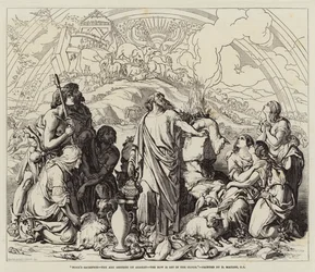 Noahs Opfer, die Arche ruht auf Ararat, der Bogen ist in der Wolke gesetzt